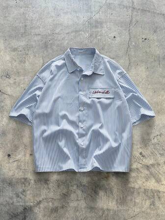 男士休闲条纹印花宽松短袖衬衫，春夏季