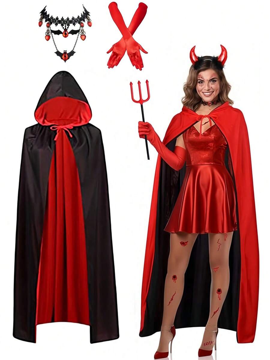 5pcs Halloween Hooded Cloak Double-Sided Devil Party Accessories, Cosplay Devil Horns Trident Necklace Long Gloves Horror Costume For Halloween Party - Multicolor - View 1