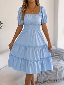 Summer Resort Smocked Waist Blue Dress Square Neck Ruffle Trim Flounce Hem Sleeveless Solid Color Beach Maxi Vacation Sundress - Màu xanh nhạt - Xem 4