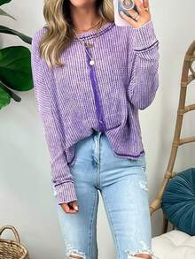 1pcs Waffle Knit Long Sleeve Top - Raw Edge Details, Back Patch, Rounded Hem, Drop Shoulders, Comfortable And Cute, Suitable For Fall And Winter, Machine Washable - Màu tím - Xem 3
