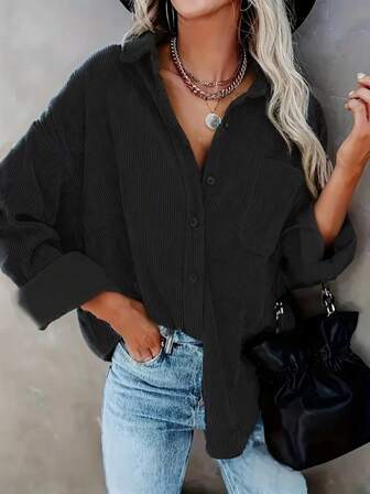 Veste en velours côtelé pour femmes avec boutons, veste décontractée à manches longues avec poches, couleur unie avec boutons et poches avant, pour un port quotidien