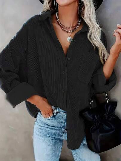 女式灯芯绒纽扣夹克外套，休闲长袖口袋夹克纯色前扣口袋日常穿着