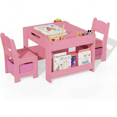 Dragonpad Kids Table And Chair Set, 4 In 1 Wooden Activity Table & 2 Chairs, Storage Drawer, Detachable Tabletop, For Drawing, Reading, Crafts, Art, Homework