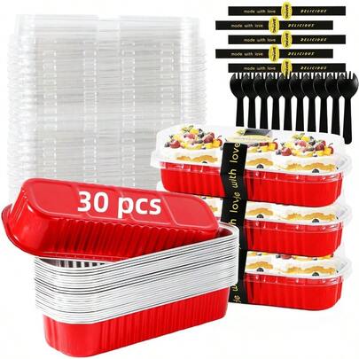Mini Loaf Pans With Lids And Spoons Sealing Sticker30 Pcs 6.8oz Cake Pans For Baking Disposable Aluminum Foil Red Cake Pan 30 Pack Red
