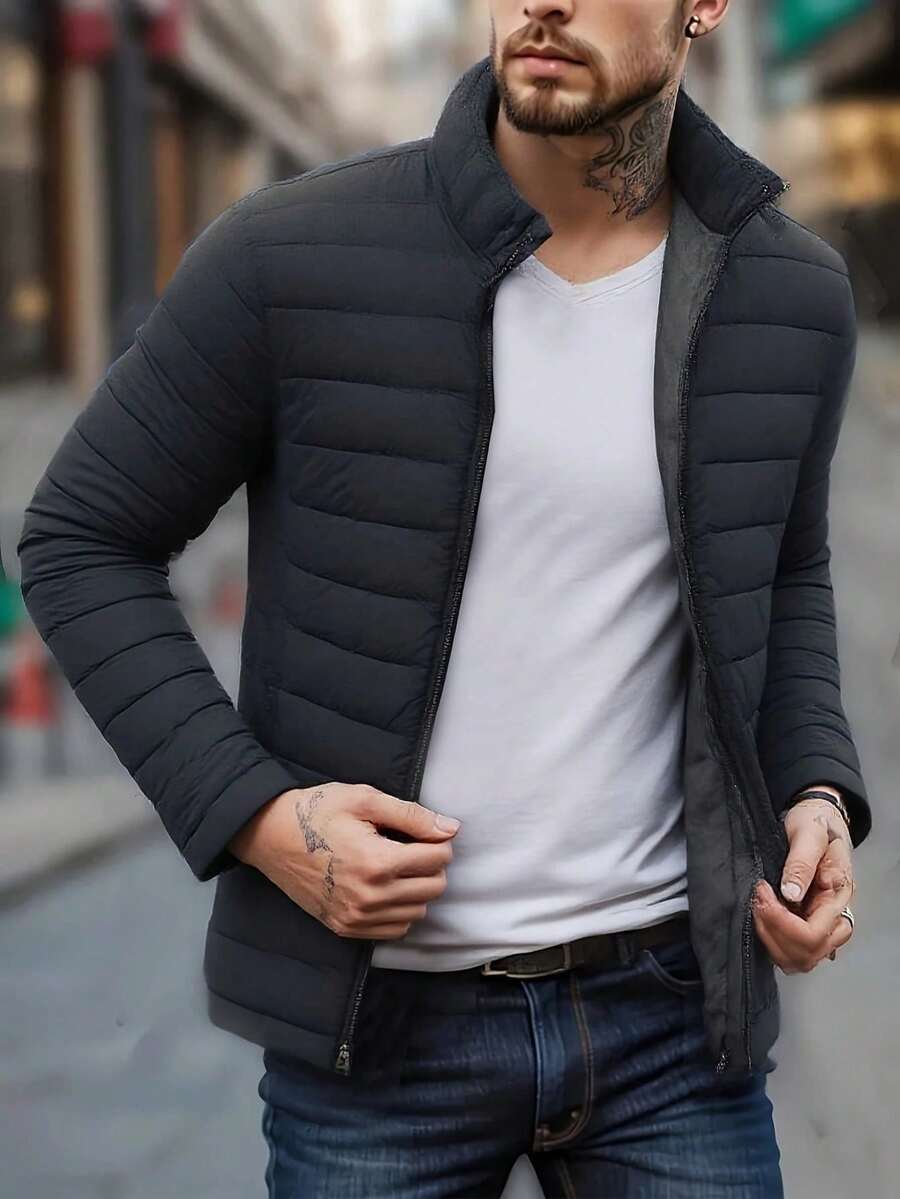 Men's Solid Color Thick Padded Coat, Middle-Aged Padded Coat , Fall Winter