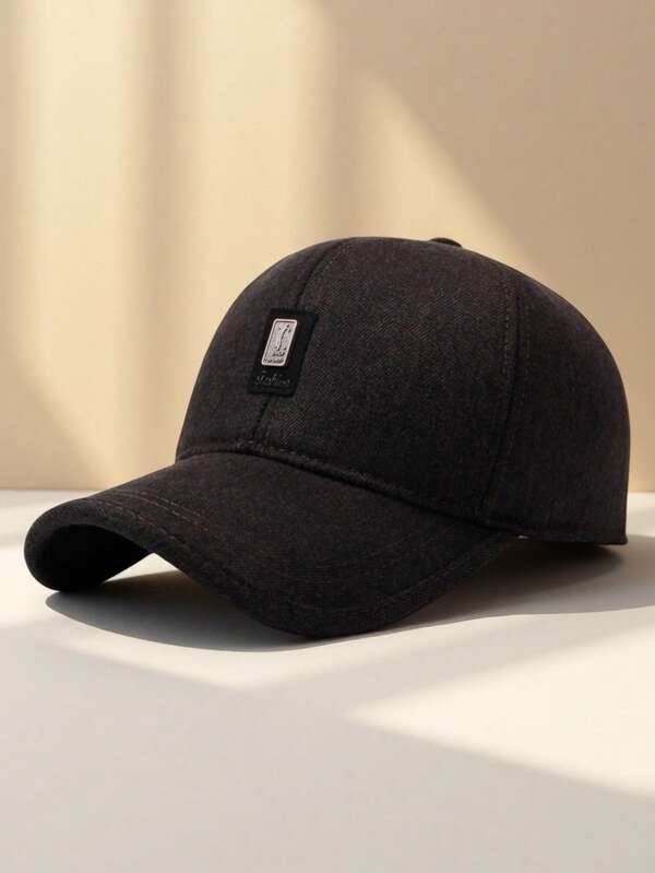 Boné de beisebol estruturado unissex de lã mista com emblema quadrado, quente e confortável, com alça ajustável para uso diário casual, atividades ao ar livre, deslocamento no inverno e estilo fashion