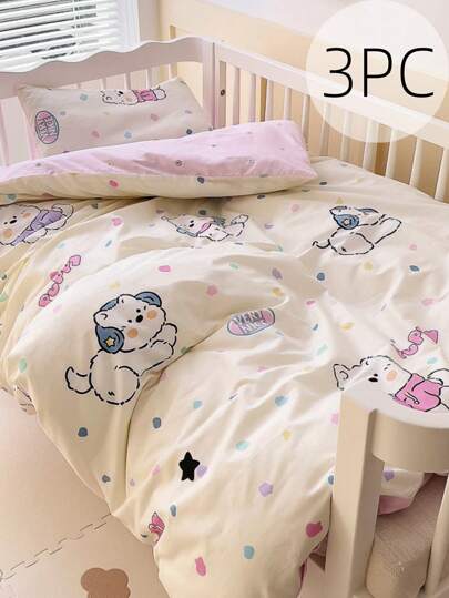 3 piezas Juego de ropa de cama con estampado de dibujos animados para bebé (1*Funda nórdica + 1*Funda de colchón + 1*Funda de almohada), Juego de ropa de cama cómodo, Patrón de letras y cachorros, Funda nórdica de 120*150cm, Funda de colchón, Funda de almohada (Sin relleno), De vuelta a la escuela