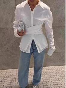 Camisa holgada asimétrica de manga larga con diseño de doble capa falso y camisa con cordón para mujer, para trabajo y casual elegante. Camisa blanca de manga larga con nudo y cuello clásico para mujer
