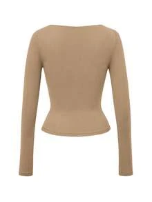 Vaiaye 女士性感修身深V领长袖上衣，纯色针织T恤，适合情人节及春季休闲穿着 - 駝色 - 查看 4