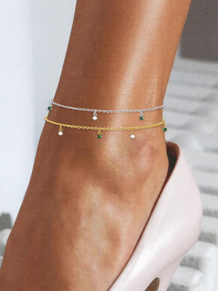 1PC 925 Sterling Silver CZ Anklets For Women, Simple Dainty Adjustable Ankle Bracelet Beach Foot Jewelry - Anklets - View 1