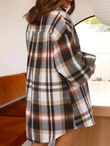 Plus Size Women Elegant Shirt Jacket - Button Front Plaid Lantern Sleeve Loose Version - Office Casual Top, Checkered Pattern Blouse Spring - Multicolor - View 4