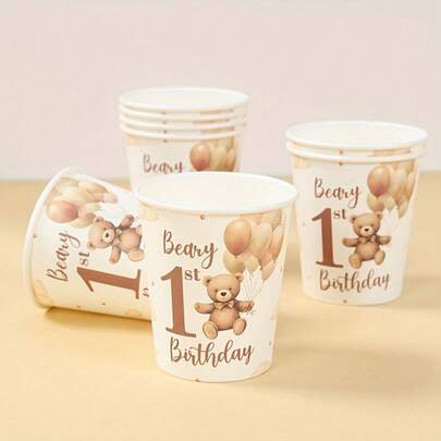 10/20/40pcs 9oz Brown Bear Birthday Paper Cups - Teddy Bear First Birthday Party Decorations Beary 1st Birthday Disposable Paper Cups For BoysGirls BabyShower Birthday Party Decorations Playful Cup Design For One Year Old Celebration Teddy Bear Shower Decorations Festive Tablewares