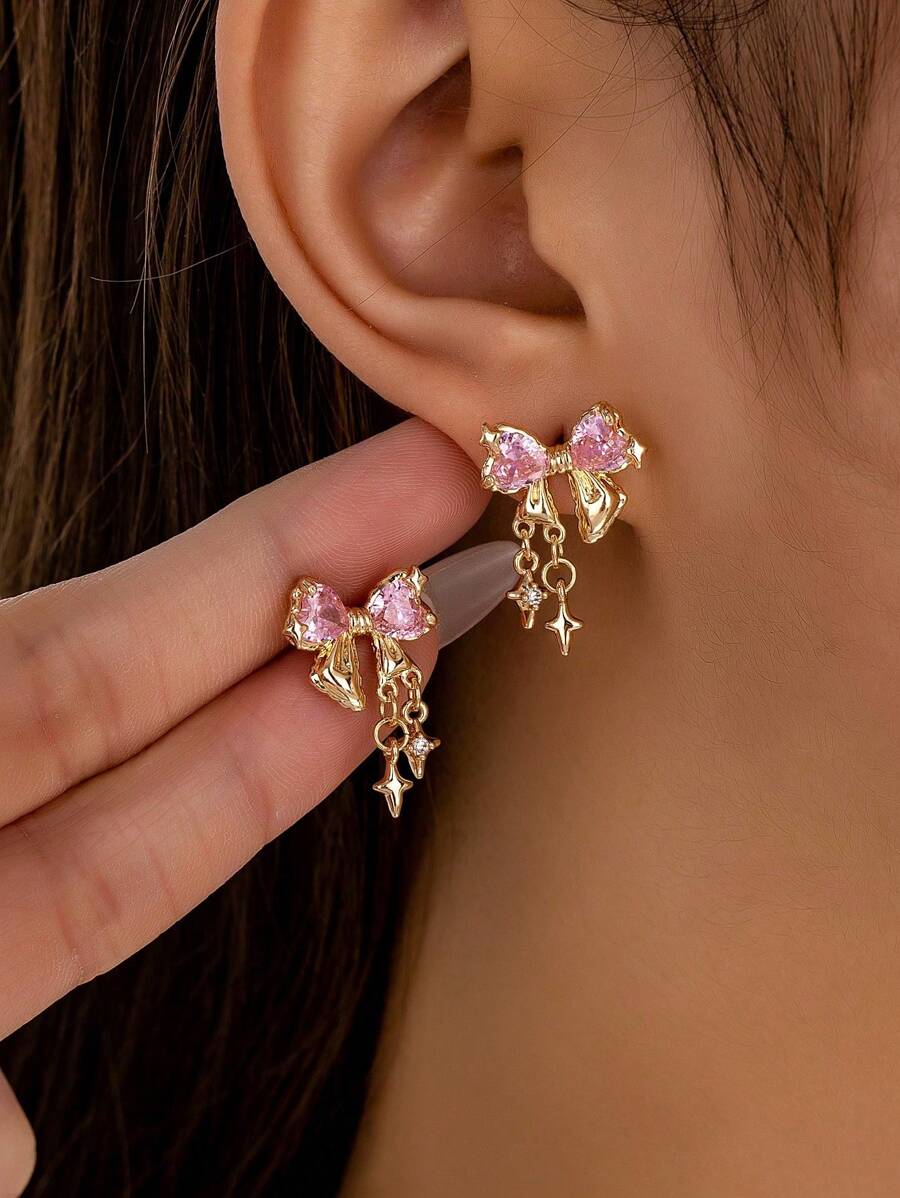 1 Pair Pink Zirconia Bow Star Earring Women Minimalist Bowknot Earrings Jewelry