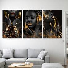 3 pièces Peinture moderne noir et or Femmes afro-américaines Toiles murales Affiches Portrait de reine noire Or Mode Image féminine exquise avec cadre Utilisé pour la décoration murale