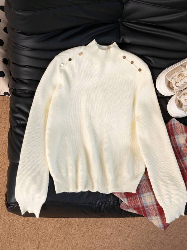 Women's Solid Color Turtleneck Pullover Sweater, Knit Long Sleeve Top For Autumn/Winter