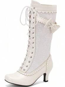 LUXMAX Women Gothic Victorian Boots Low Kitten Heel Mid Calf Boots Lace Up Cute Bow Boots For Ladies Witch ShoesChristmas - trắng - Xem 1