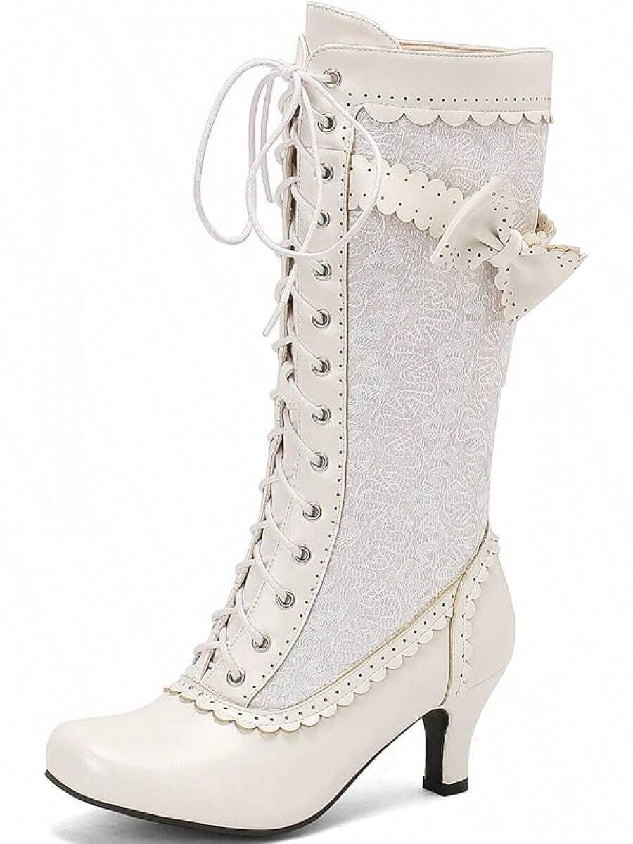 LUXMAX Women Gothic Victorian Boots Low Kitten Heel Mid Calf Boots Lace Up Cute Bow Boots For Ladies Witch ShoesChristmas - trắng - Xem 1