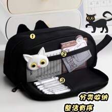 حقيبة قلم رصاص سعة كبيرة مطرزة بقطة سوداء ثلاثية الأبعاد لطيفة، حقيبة تخزين محمولة باليد مناسبة لأدوات المدرسة