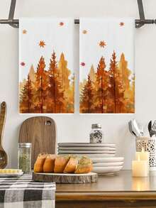 2 Pcs Thanksgiving Kitchen Towels Autumn Orange Forest Dish Towels Maple Leaf Tea Towels Microfiber Hand Towels Cute Gnome Bathroom Hand Towels Autumn Absorbent Towels