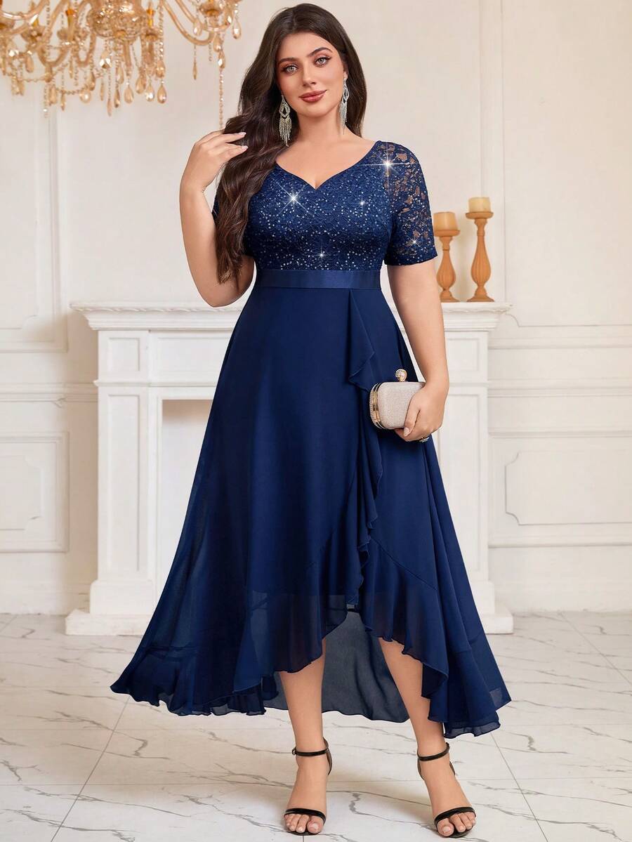 Plus V-Neck Sequin Floral Lace Contrast Chiffon Ruffle High Low Hem Formal Party Dress Wedding Guest Dress, Elegant Prom, For Graduation, Dinner - Màu xanh hải quân - Xem 1