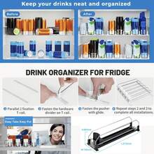 Empujador de bebidas de 1 pieza, dispensador de latas y botellas para refrigerador, dispensador autopropulsado de latas de bebidas con divisores de doble capa mejorados y hebillas de posicionamiento, suministros de cocina, organizador y almacenamiento de gabinetes, organizador de escritorio