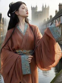 2025 Improved Hanfu Women Flared Sleeve Immortal-Fairy Style Ombre Everyday Commute Dress, Temperature-Regulating Silk, Chinese Style - Red - View 10