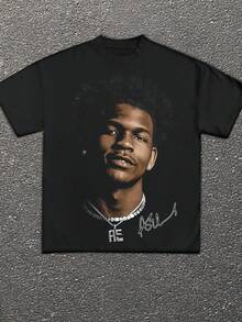 A Must-Have For Basketball Fans! Men's Cotton Print Loose Crew Neck Short Sleeve T-Shirt, 100% Cotton Print Short Sleeves, Wear It, The Street Court Is Eye-Catching! - 黑色 - 查看 1