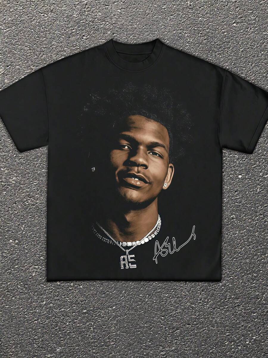 A Must-Have For Basketball Fans! Men's Cotton Print Loose Crew Neck Short Sleeve T-Shirt, 100% Cotton Print Short Sleeves, Wear It, The Street Court Is Eye-Catching! - 黑色 - 查看 1