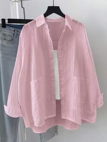 女式纯色宽松休闲长袖衬衫，带双口袋，春秋季，加大码女式衬衫，返校