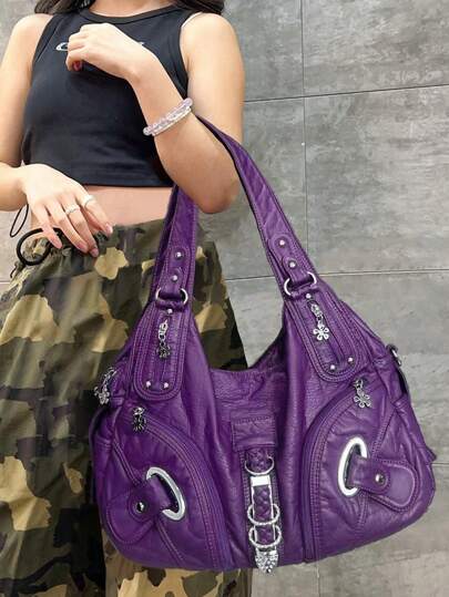 Y2K Spicy Girl Retro Vintage Vintage Purple Shoulder Bag - Retro Millennium Aesthetics, Equipped With Fashionable Silver Hardware, Women's Pocket Crossbody Bag, Bold Personalized Design, Very Suitable For Daily Use, Weekend Gatherings, And Commuting To Work. It Is An Ideal Holiday Gift For Fashion Enthusiasts