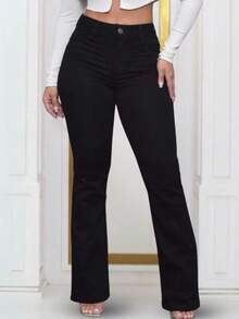 Black Flare Jeans, Premium Style, Women's, High Waist, Wide Leg, Relaxed, Bell Bottom, Elastane, Blogger - Black - View 4