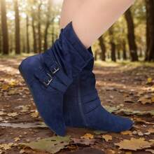 Women's Ankle Booties Fashion Slouch Mid-Calf Flat Boots Lindell - Navy - View 3