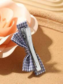 4pcs Minimalist Solid Color + Plaid Preppy Style Bowknot Hair Clips, Suitable For Daily Life And Campus Activities For Girls - Multicolor - View 3