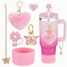 6 Stücke Silikon Becher Charm Set, geeignet für 30-40oz Becher mit Griffen, beinhaltet Strohdeckel, Strohkappe, Becherschutz, Herz Anhänger und Griff Charm Kette