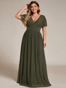 Plus Size Women V-Neck Short Sleeve Formal Long Dress, Suitable For Mother's Day Party, Graduation Ceremony, Wedding Guest And Other Occasions Spring - Olive Green - View 3