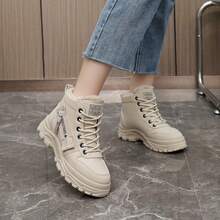 1 Pair Women's White Casual Outdoor Snow Boots, Round Toe, Lace-Up, Waterproof, Thermal Lined, High-Top, Suitable For Autumn/Winter