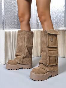 Bốt cổ ngắn hai túi kaki họa tiết chữ U mới cho nữ mùa thu/đông, phù hợp với phong cách đường phố, kiểu dáng Cargo, bốt đế dày chống trượt, phong cách Punk phương Tây có khóa và khóa kéo bên hông, trang phục thường ngày - Màu Khaki - Xem 7