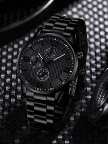 4pcs/Set Men's Black Strap Casual Business Three-Eye Mixed Dial Quartz Watch, Bracelet, Necklace, Ring Jewelry Set, Suitable For Daily Wear Or As Holiday Gift For Friends And Fathers - Black - View 2
