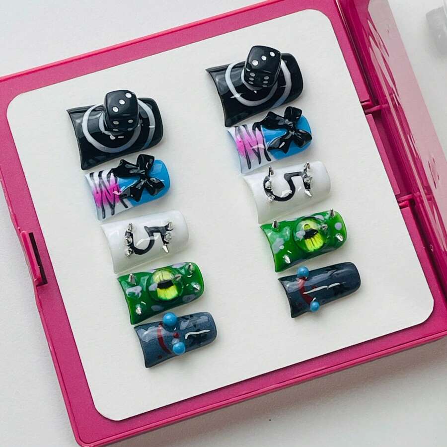 Punk Duckbill Press - On Nails Set, Handmade 3D Dice & Bow Accents, Edgy Design For Bold Looks, Reusable 10 Pcs - Black - View 1