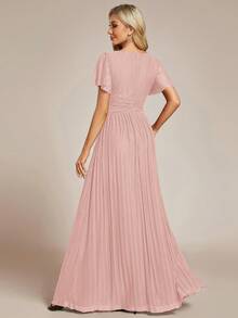 Elegant Solid Deep V-Neck Pleated Hem Maxi Sexy Evening Gown Wedding Guest Dresses - Pink - View 2