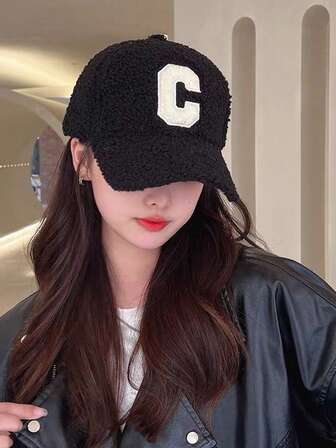 1pc Unisex Solid Color Letter C Embroidered Fleece Warm Baseball Cap, Fluffy Sherpa Autumn/Winter Streetwear Snapback Hat, Couple Outdoor Sports Curved Brim Dad Hat