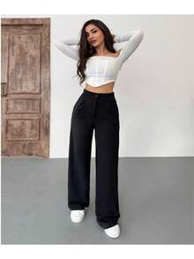 Women's White Lycra Palazzo Loose Wide Leg Trousers - Black - View 5