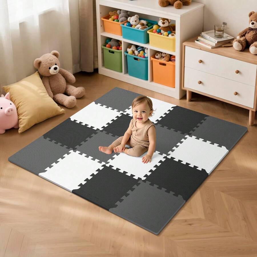 16 Tiles Baby Play Mat For Floor, EVA Foam Baby Floor Play Mat With 0.6 Inch Thick Interlocking Foam Tiles, Foam Floor Tiles For Baby, Toddlers And Kids - 白灰 - 查看 1