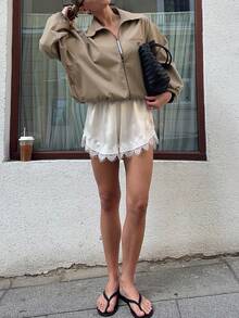 Women Satin Silk Shorts Lace Trim Mini Micro Shorts Silky Low Rise Coquette Lounge Slip Pj Bottoms French Knickers - trắng - Xem 4