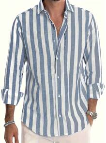 Men's Striped Long Sleeve Button-Up Casual Collared Shirt, Fashionable & Versatile For Casual, Dating, Beach, Holiday, Gift, For Fall