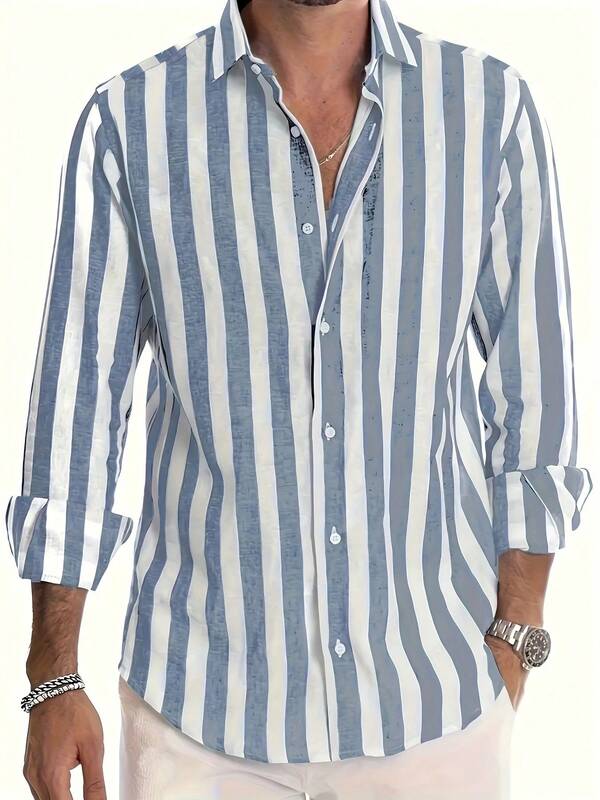 Men's Striped Long Sleeve Button-Up Casual Collared Shirt, Fashionable & Versatile For Casual, Dating, Beach, Holiday, Gift, For Fall