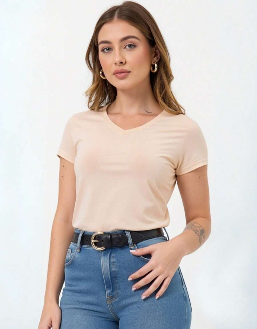 Blusinhas Feminina T-shirt Algodão Gola V Lisa Básicas Confortáveis - Caqui - Visão 1