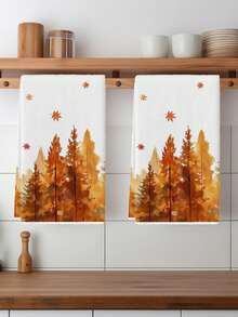2 Pcs Thanksgiving Kitchen Towels Autumn Orange Forest Dish Towels Maple Leaf Tea Towels Microfiber Hand Towels Cute Gnome Bathroom Hand Towels Autumn Absorbent Towels