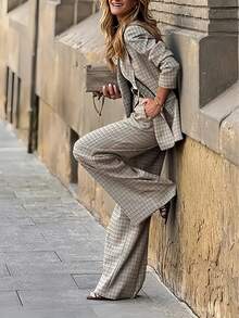 Conjunto de traje a cuadros para mujer para Navidad, primavera y otoño, ligero, chaqueta y pantalones de pierna ancha a medida, elegante y de moda, conjunto de 2 piezas para uso en la oficina