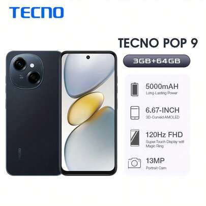  Tecno POP 9 3GB+64GB Android 14 8MP 前置摄像头/48MP 后置摄像头, 5000mAh, 全球版 无充电器
